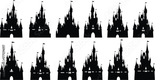 Castle silhouette vector set, black fairytale icons, medieval architecture design, fantasy fortress illustration, symmetrical spire layout, enchanted building artwork