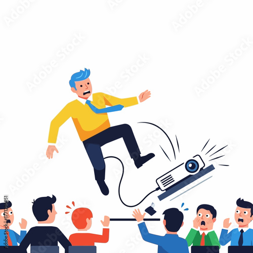 A cartoon man jumps over a projector while it's being pulled by a group of surprised businesspeople in a presentation setting with a white background and a mix of bright colors.
