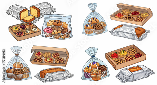 Assorted baked goods in packaging for bakery display