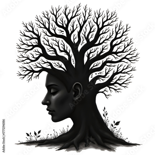 Mindful Metamorphosis: An ethereal image merges the human form with a sprawling tree, symbolizing the interconnectedness of mind and nature. Contemplation and growth and life.