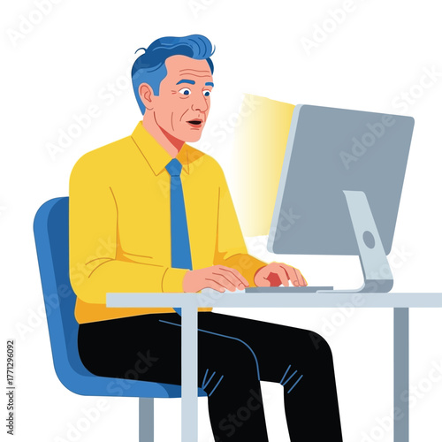 A cartoon man in a yellow shirt and blue tie sits at a desk, typing on a computer with a surprised expression on his face against a plain white background.