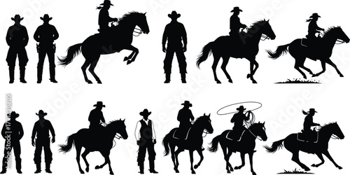 Cowboy and horse silhouette vector set, black western icons, riding poses, lasso action, rural lifestyle design, wild west art, ranch theme