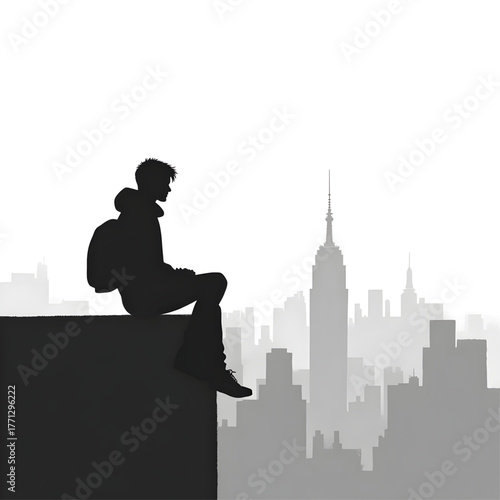 City Silhouette: A solitary figure, silhouetted against a breathtaking cityscape, finds respite, pondering in contemplation.
