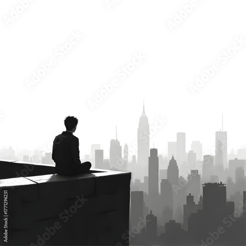City Contemplation: A silhouetted figure sits atop a skyscraper, immersed in quiet reflection, gazing upon a sprawling cityscape, pondering the mysteries of life