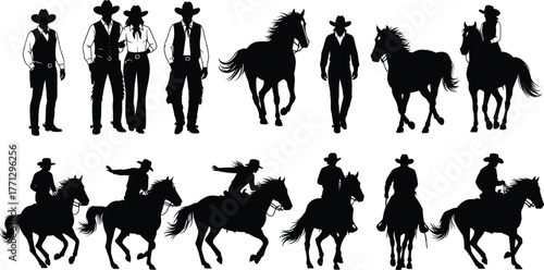 Cowboy and horse silhouette vector set, black western icons, standing and riding poses, rural lifestyle design, wild west art, ranch action scene