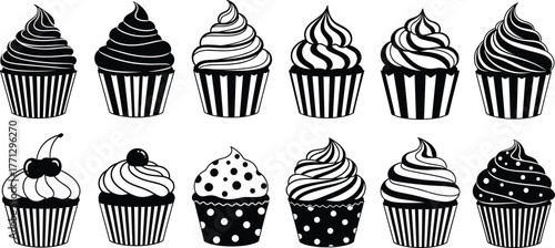 Cupcake vector set, black and white dessert icons, stylized sweet treats, decorative frosting designs, hand-drawn bakery elements, cute food illustration