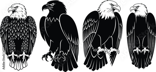 Eagle silhouette vector set, black bird icons, fierce pose designs, talon and beak illustration, patriotic animal artwork, flight theme, predator concept