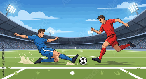 Soccer players in action during a competitive match on the field.