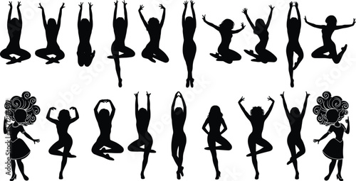 Female silhouette vector set, black dance and yoga icons, expressive movement poses, body flexibility illustration, fitness artwork, graceful posture theme