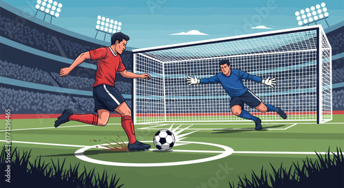 Soccer player kicks ball towards goal with goalkeeper defending.