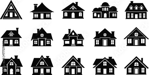 House silhouette vector set, black residential icons, architectural style variations, roof and window design, modern and classic home illustration, building theme