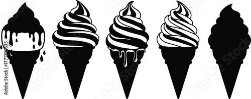 Ice cream cone silhouette vector set, black dessert icons, soft serve and syrup design, summer snack illustration, sweet treat artwork, food theme