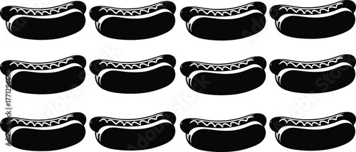 Hot dog silhouette vector set, black fast food icons, sausage and bun design, ketchup mustard illustration, snack artwork, picnic theme