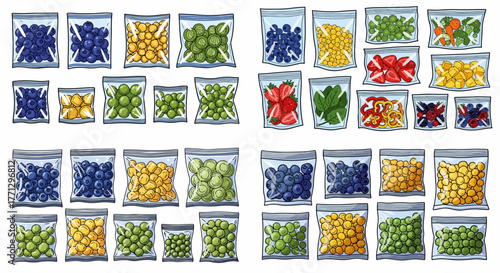 Frozen berries and fruits in bags for healthy food