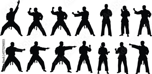 Martial arts silhouette vector set, black karate icons, taekwondo poses, fighting stances, traditional uniform design, self-defense illustration, combat motion art