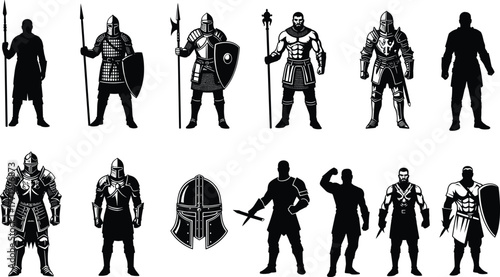 Medieval warrior silhouette vector set, black knight icons, armor and weapon designs, historical combat illustration, battle artwork, ancient warfare theme