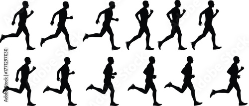 Running figure silhouette vector set, black human motion icons, athletic stride phases, body movement illustration, sports training artwork, dynamic pose theme