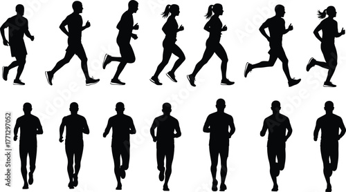 Running silhouette vector set, black athletic icons, male and female runner poses, dynamic motion design, fitness illustration, sports movement artwork