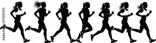 Running silhouette vector set, black athletic motion icons, female runner phases, dynamic sports pose, fitness illustration, workout design, active lifestyle art