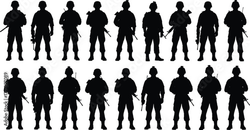 Soldier silhouette vector set, black military icons, rifle stance poses, armed forces design, tactical illustration, combat gear artwork, defense theme