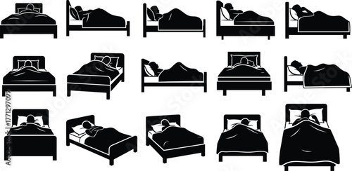 Sleeping position silhouette vector set, black bedroom icons, bed and pillow design, sleep posture illustration, rest artwork, relaxation theme