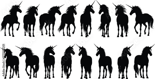 Unicorn silhouette vector set, black fantasy icons, magical creature poses, stylized mane design, mythical horse illustration, fairytale artwork, enchanted theme