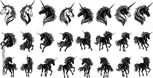 Unicorn vector set, black and white illustrations, stylized fantasy horse icons, magical creature poses, elegant mane design, mythical animal artwork