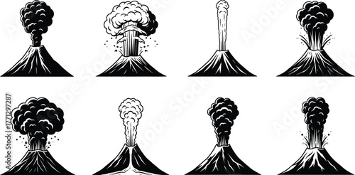 Volcano eruption silhouette vector set, black geology icons, explosive plume designs, ash cloud illustration, natural disaster artwork, eruption theme, terrain concept