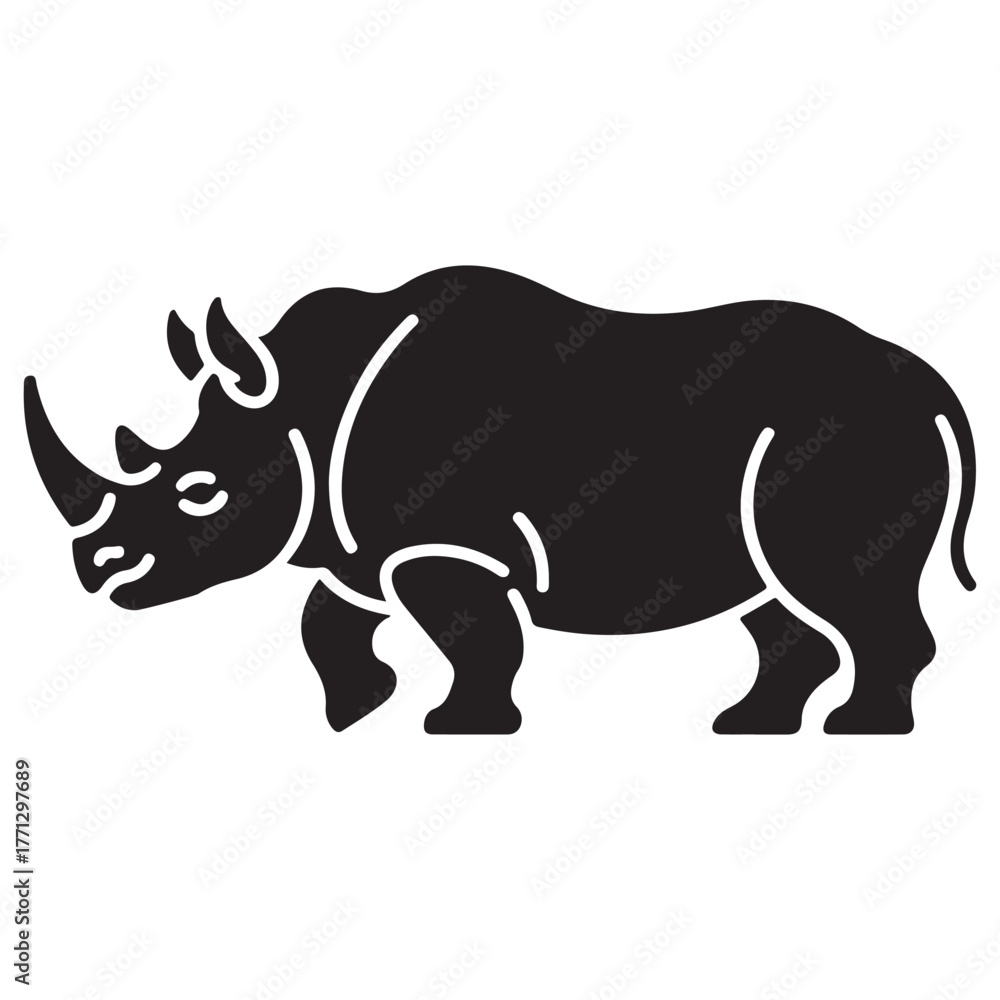 Fototapeta premium Rhinoceros silhouette, black vector icon style, simple shape, clean.