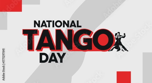 Celebratory graphic for International Tango Day featuring a silhouette of a passionate dancing couple on a modern geometric background