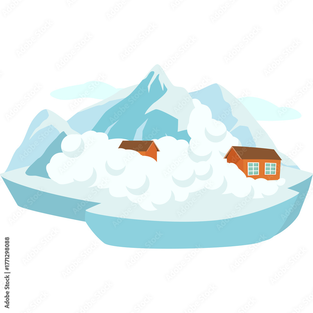 Naklejka premium Pixel Art Mountain Avalanche Threatening Two Small Houses With Snow And Blue Sky Background