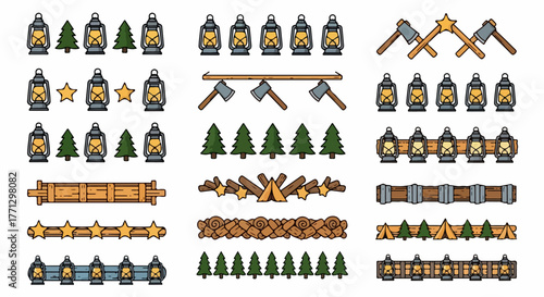 Camping elements and tools collection with transparent background