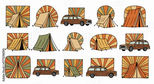 Camping trip icons with vintage car and tents