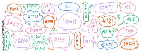 Swear speech bubble collection in crayon style. Doodle comic talk balloons with bad words, curses, and aggressive icons. Vector hand drawn illustration.