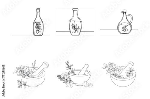 Hand-drawn vector illustration set of wine bottle, glass, and icons for oil and medecine