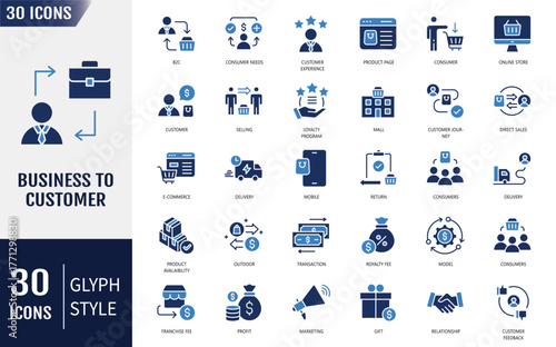 B2C flat icon set. Business to consumer, e-commerce, digital marketing, customer experience, direct sales, customer service, retail, online store. Vector illustration