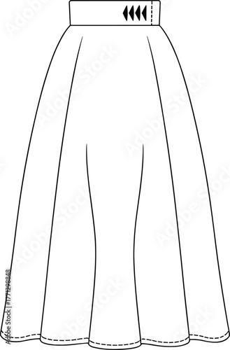 CAD drawing flat vector illustration, high waist A‑line skirt fashion design, sewing pattern template, garment technical sketch, apparel outline vector