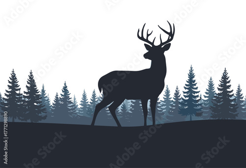 Serene silhouette of a majestic deer with antlers standing in a misty pine forest. A minimalist design perfect for nature lovers and outdoor themes.