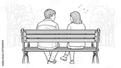 High Quality Black Line Art of Two People Sitting on Park Bench with Trees and Birds