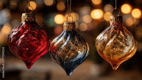 Three elegant onion-shaped Christmas ornaments hang against blurred bokeh lights. Perfect for holiday cards, banners, or illustrating seasonal celebrations.