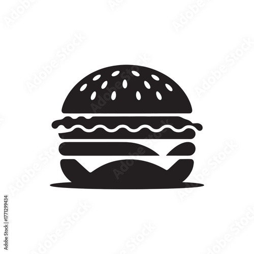 Black silhouette of a hamburger with sesame seeds on a white background food fast food