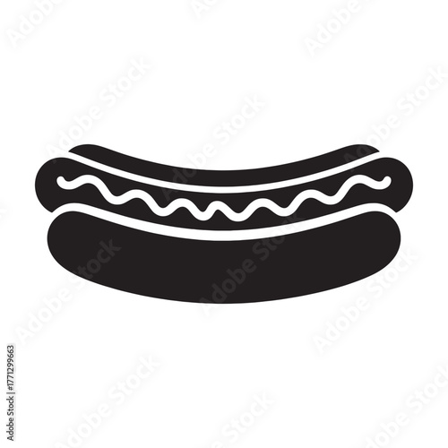 Black silhouette of a hot dog with wavy lines of sauce white background food