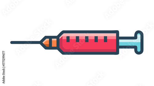 A colorful syringe icon with red medicine inside
