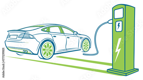 An electric car icon with charging cable in digital design