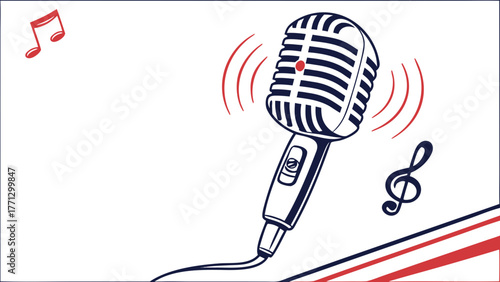 A vintage microphone icon with sound waves and cable