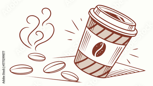 A coffee cup icon with coffee beans and steam illustration