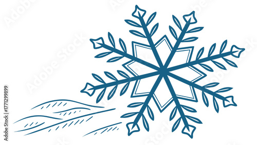 A blue snowflake with winter elements in white background
