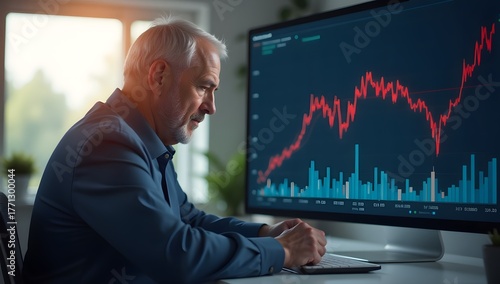 A senior business man looking at trending graph for business growth