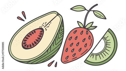 Illustrated Fruits Including Avocado and Strawberry