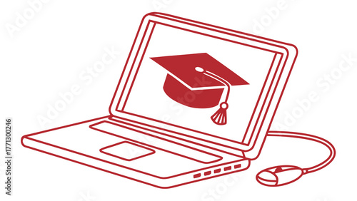A laptop with a graduation cap on a screen indicating online learning